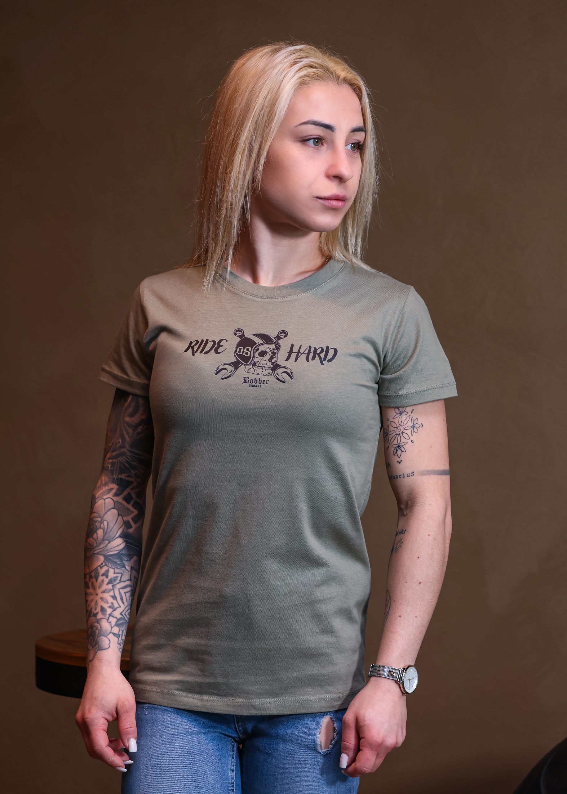 T-Shirt Khacki "RIDE HARD OR STAY HOME" Women