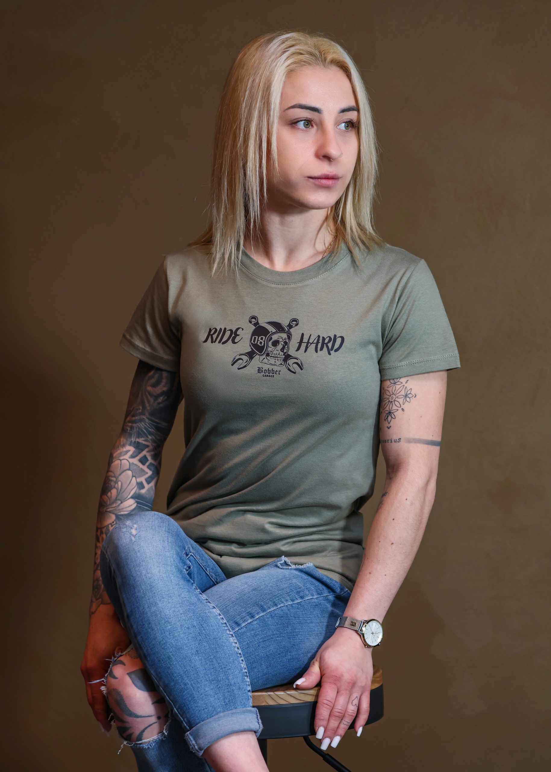 T-Shirt Khacki "RIDE HARD OR STAY HOME" Women - Image 3